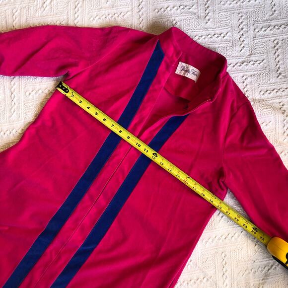VTG Vanity Fair Fuchsia Velour Zip-Front Housecoat Robe S Mod Navy Racing Stripe - Picture 8 of 11